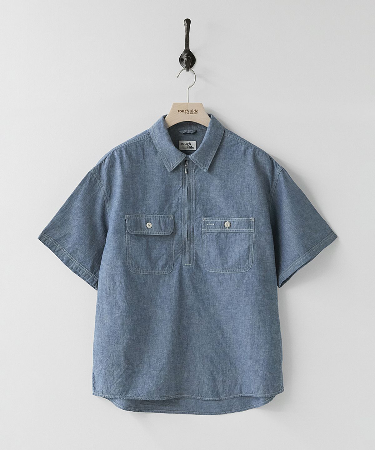 러프사이드(ROUGHSIDE) Chambray Half Zip Shirt Blue Chambray