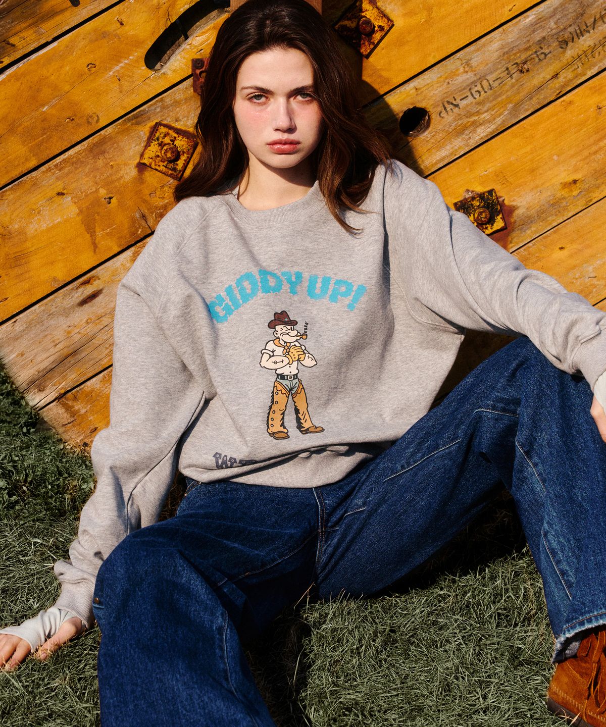 에르에르(ERER) Popeye Vintage Raglan Sweatshirt Melange Gray