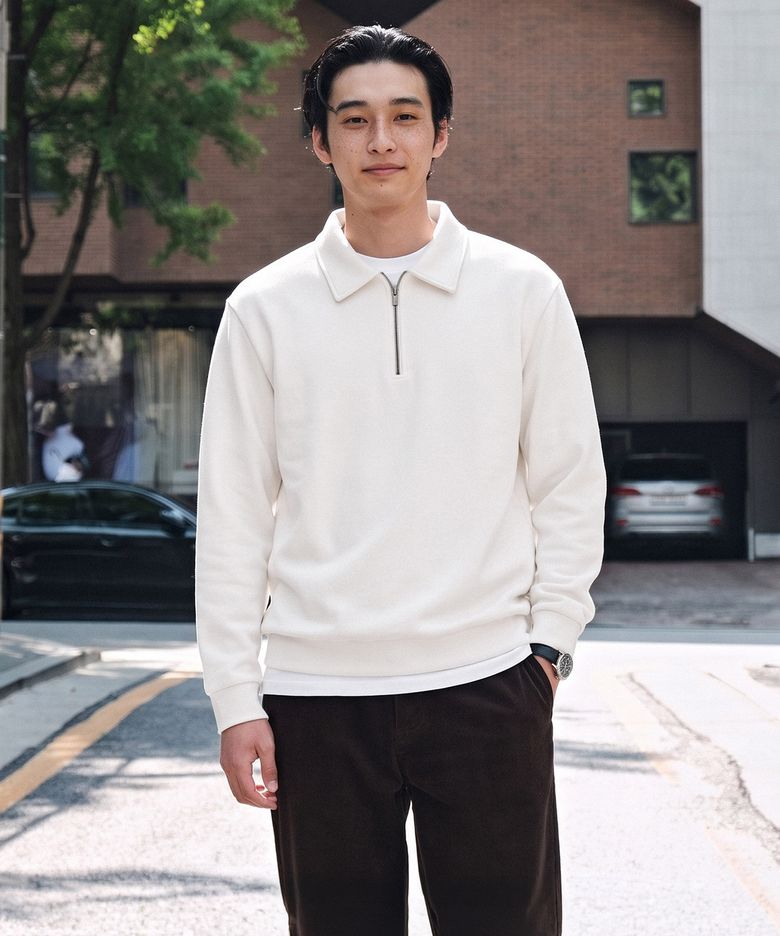 DIEMS 분또 카라 집업 티셔츠_화이트 (세미오버핏)_DTSUA21CSW
