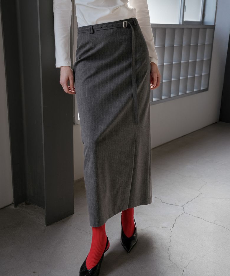 Stripe H-line maxi belted skirt [KNSS05SK01]_Charcoal