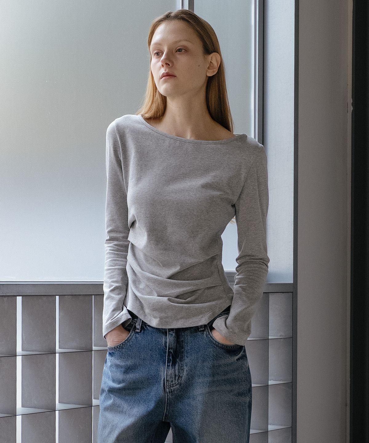 노운베러(KNOWNBETTER) Shirring-tuck longsleeve T-shirt [KNSS05TS05]_Melange gray