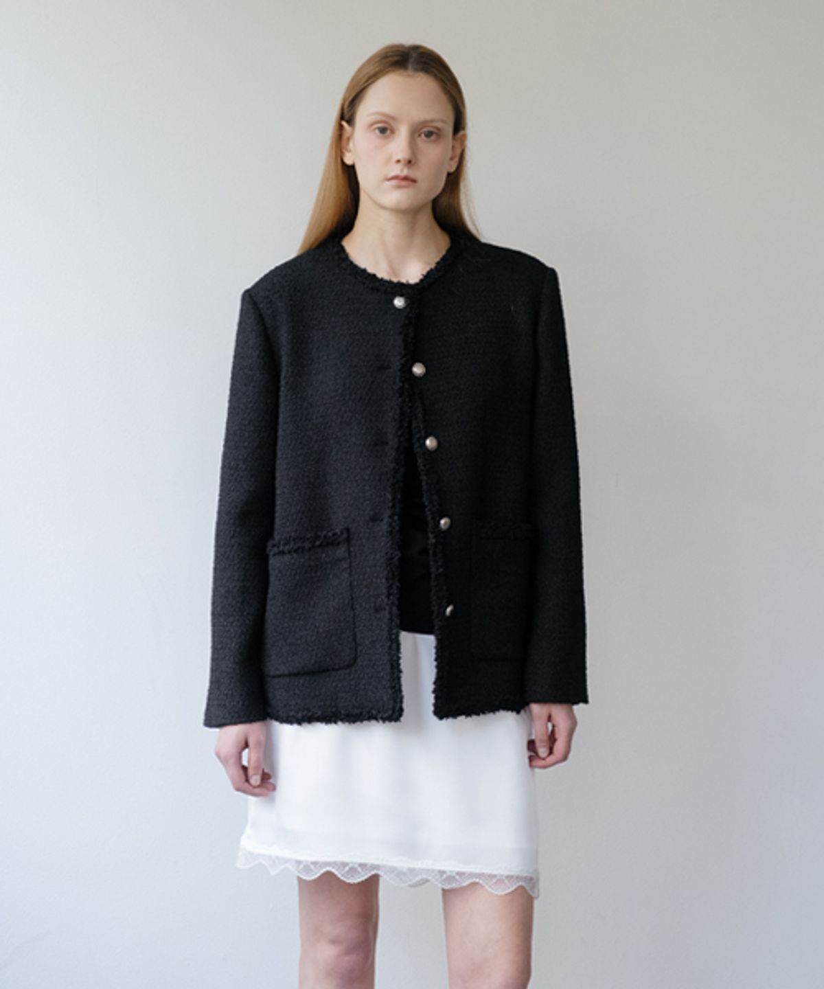 노운베러(KNOWNBETTER) Fringe trimming tweed jacket [KNSS05JK04]_Black