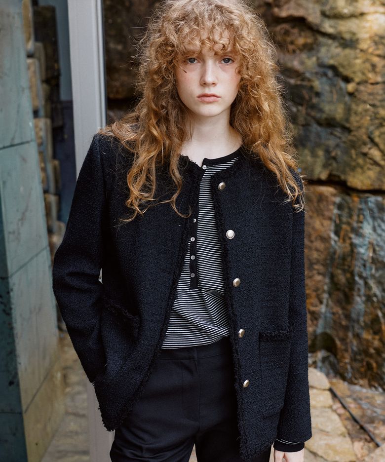 Fringe trimming tweed jacket [KNSS05JK04]_Black