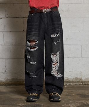 클로버 로고 디스트로이드 데님 팬츠 블랙