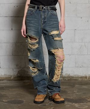 클로버 로고 디스트로이드 데님 팬츠 딥블루