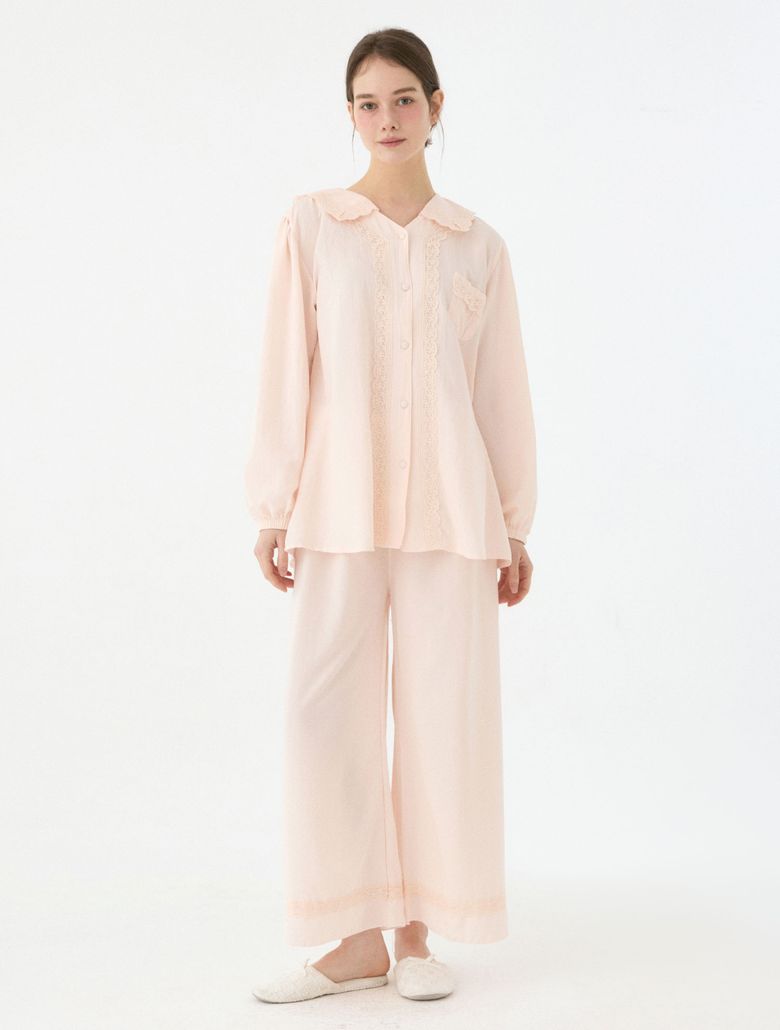 여성 린지 샌드워싱 긴소매 세일러카라 투피스 잠옷