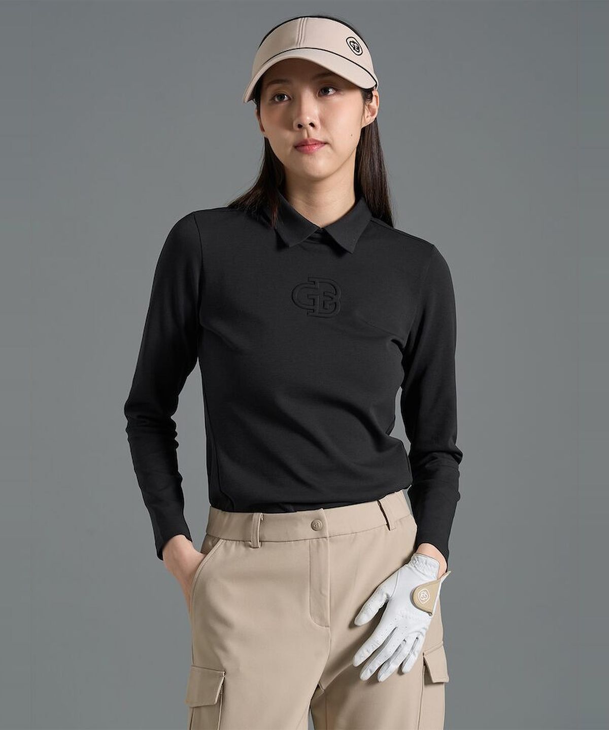 빈폴골프(BEANPOLE GOLF) [B_under] 여성 로고 엠보 칼라 긴소매 티셔츠  블랙