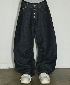 오픈 플라이 논페이드 커브드 생지 데님[블랙]