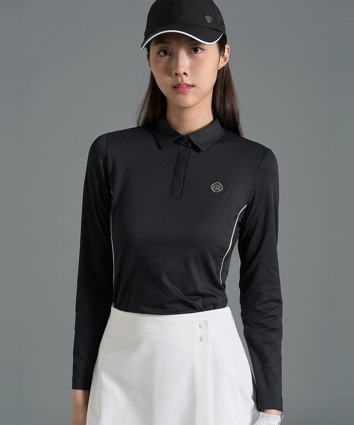 빈폴골프(BEANPOLE GOLF) [B_under] 여성 텍스처 믹스 칼라 긴소매 티셔츠  블랙