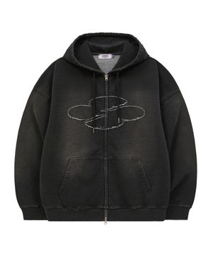 클로버 로고 아플리케 워싱 데님 후드 집업 블랙