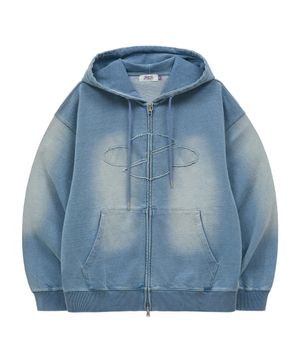 클로버 로고 아플리케 워싱 데님 후드 집업 라이트블루
