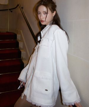 Overfit Fringe Tweed Shirt Jacket White