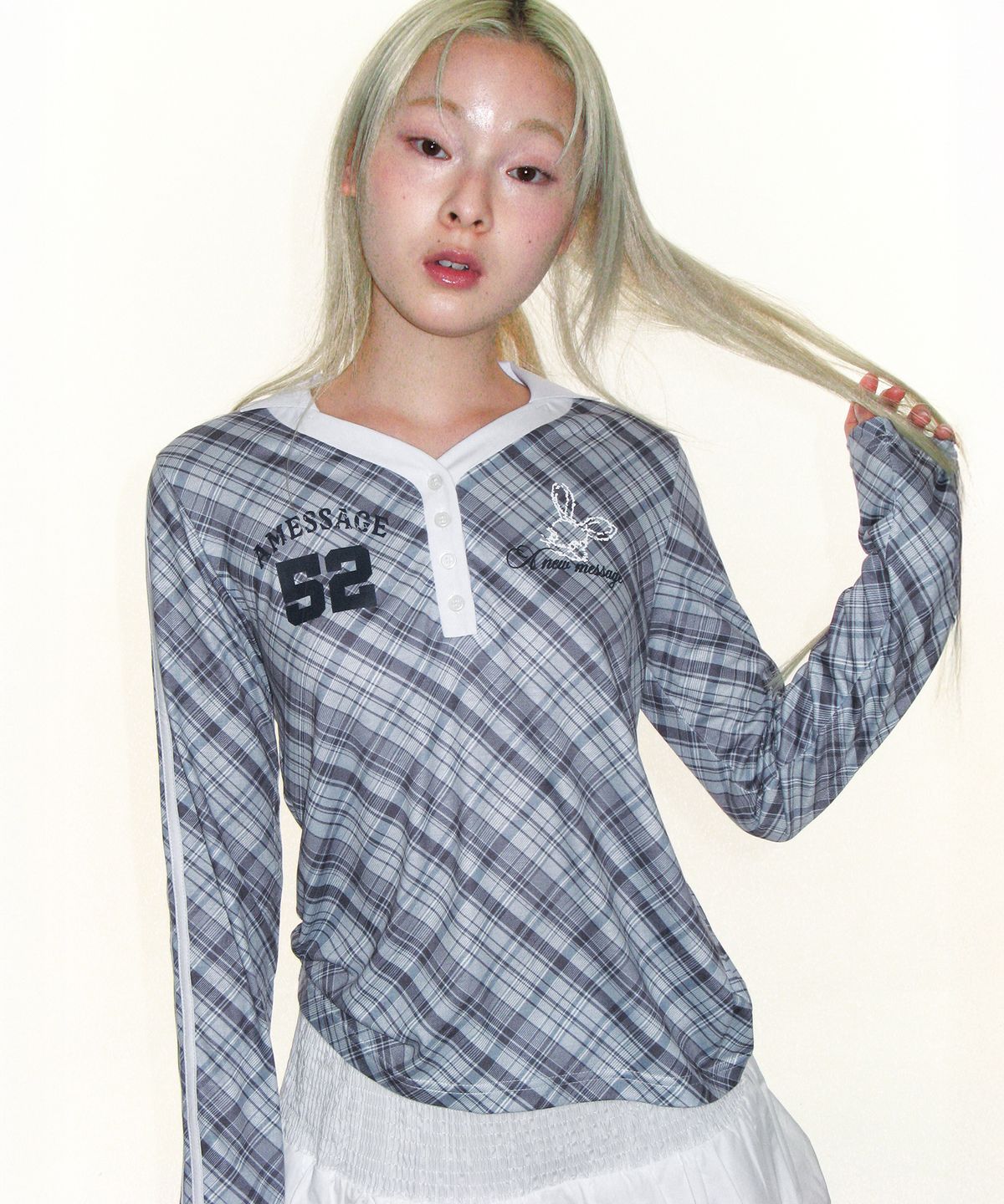 아메스 월드와이드(AMES-WORLDWIDE) CHECK V NECK COLLAR LS TEE BLUE
