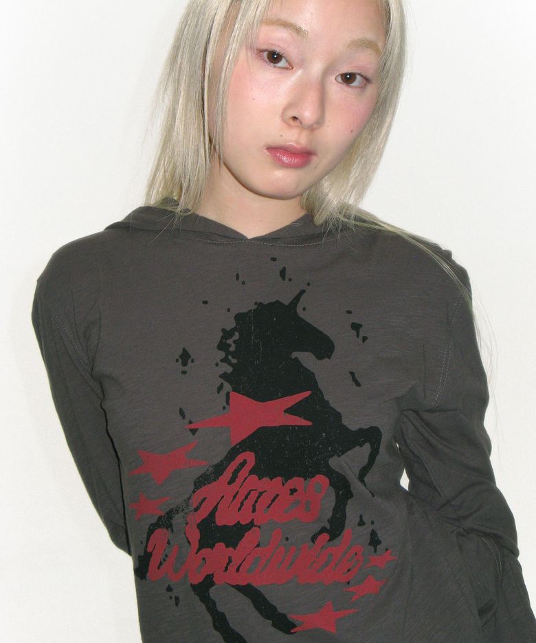 UNICORN SHEER HOODIE LS TEE CHARCOAL