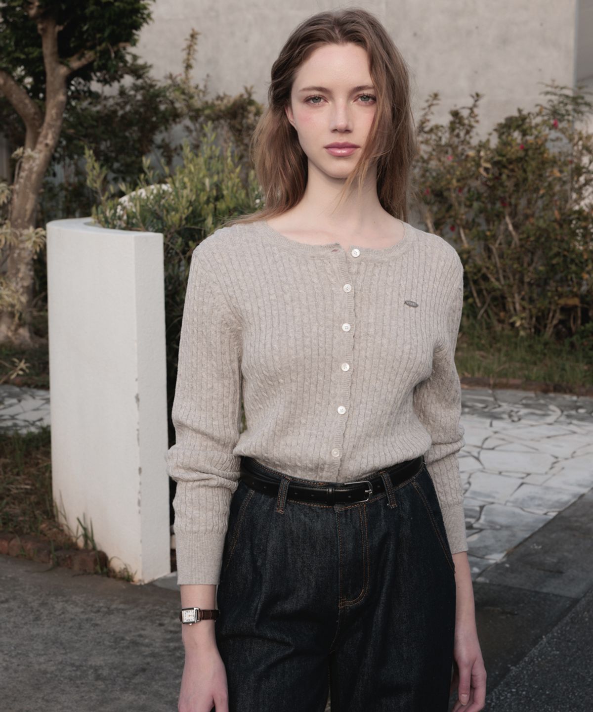 드헤베(DEHEVE) Frill Cable Knit Cardigan [Gray]