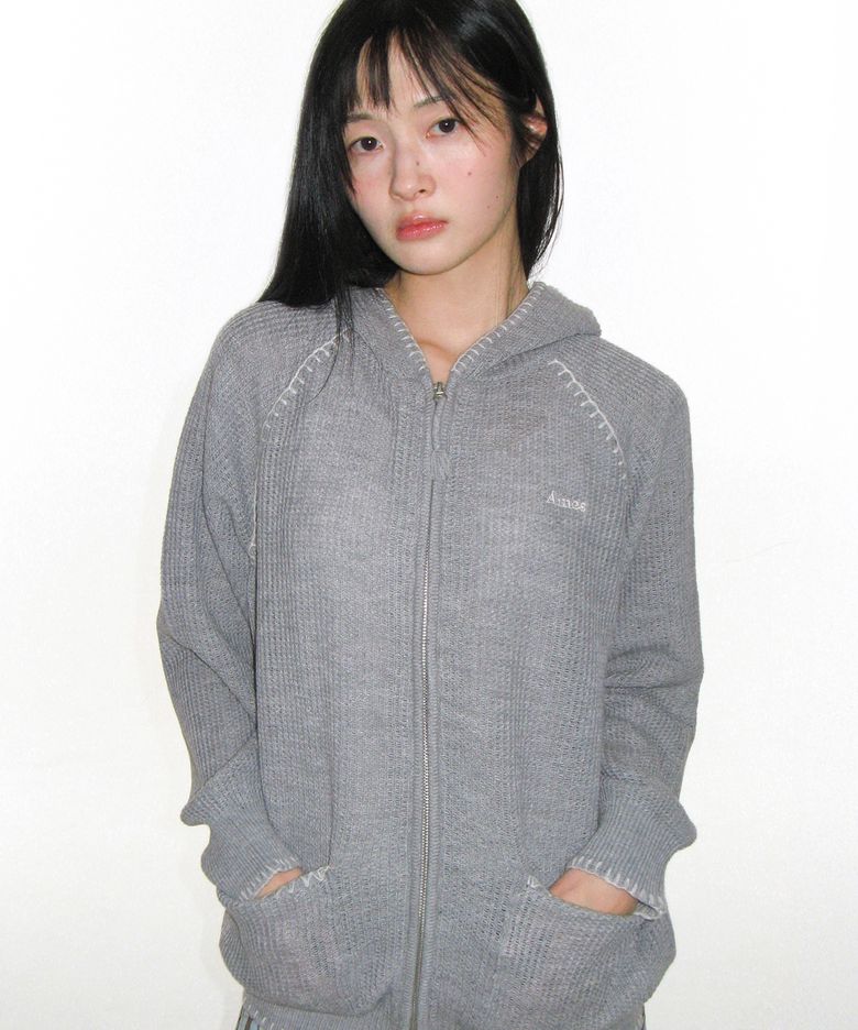STITCH KNIT HOODIE ZIP-UP GREY