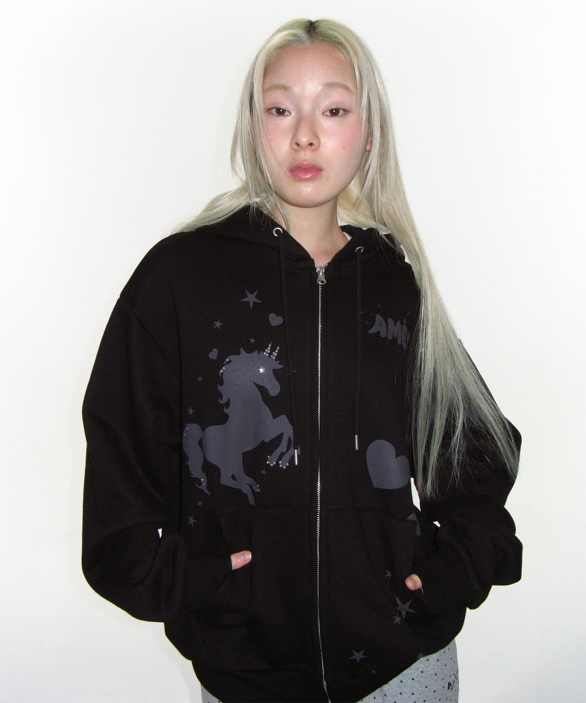 아메스 월드와이드(AMES-WORLDWIDE) UNICORN DRAWING HOODIE ZIP-UP BLACK
