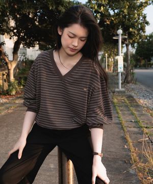 Stripe V-neck Sweatshirt [Brown]