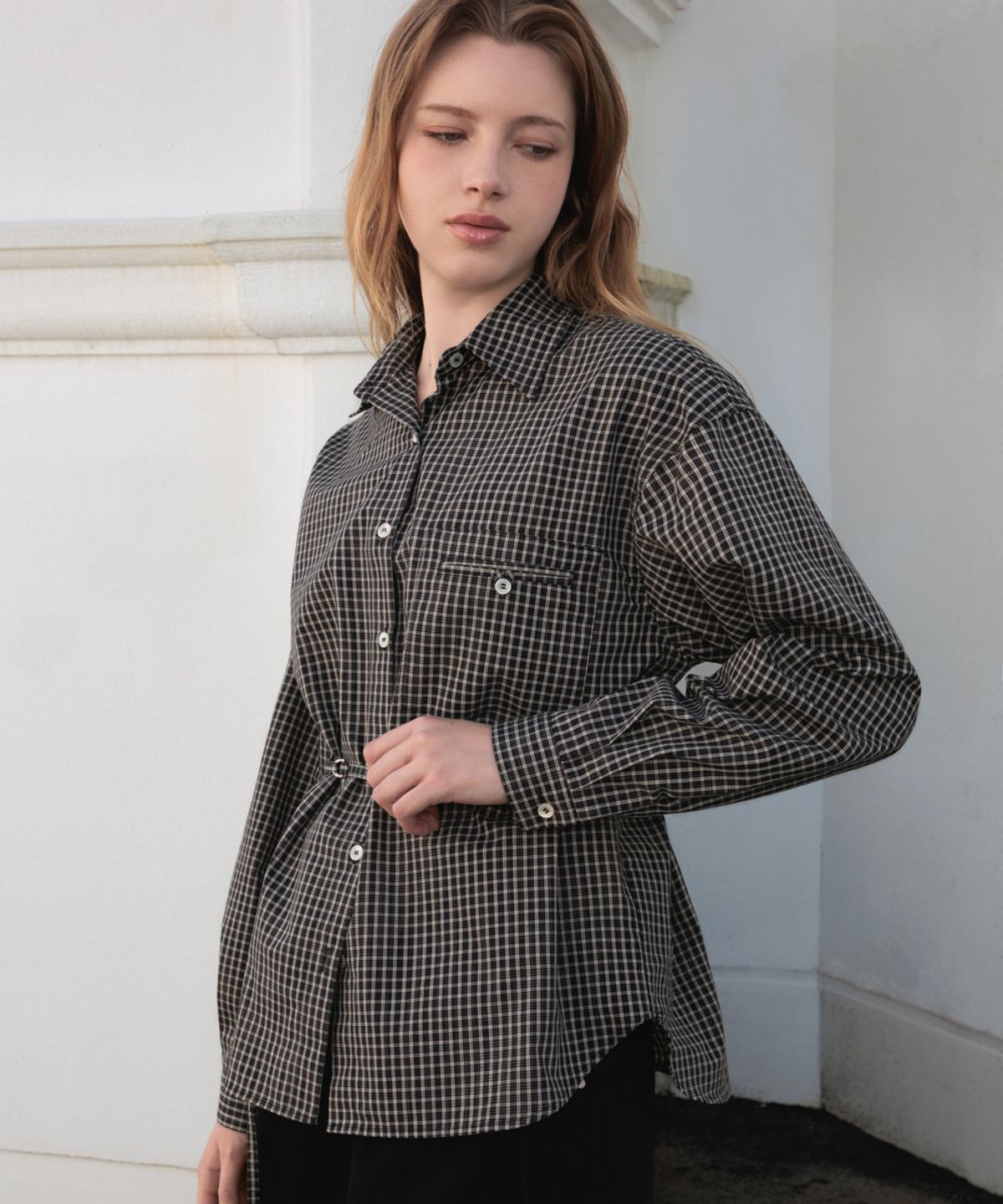 드헤베(DEHEVE) Strap Point Check Shirt [Black]