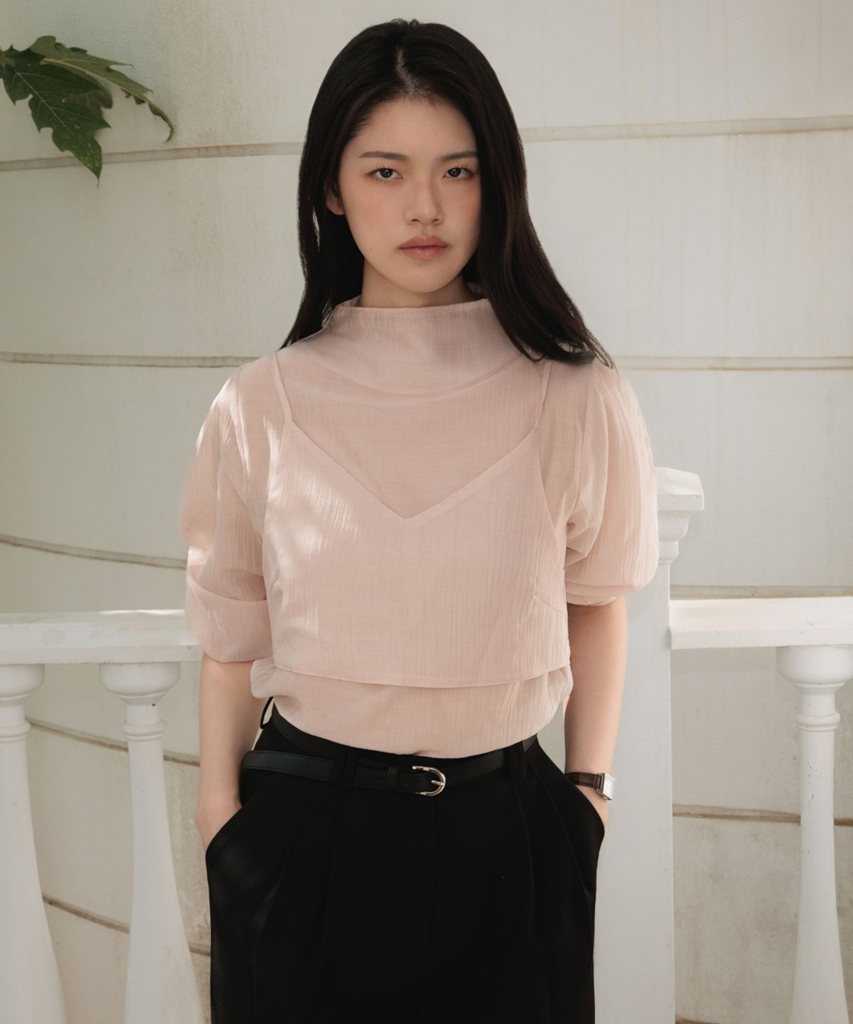 드헤베(DEHEVE) High-Neck Bustier Blouse [Pink]