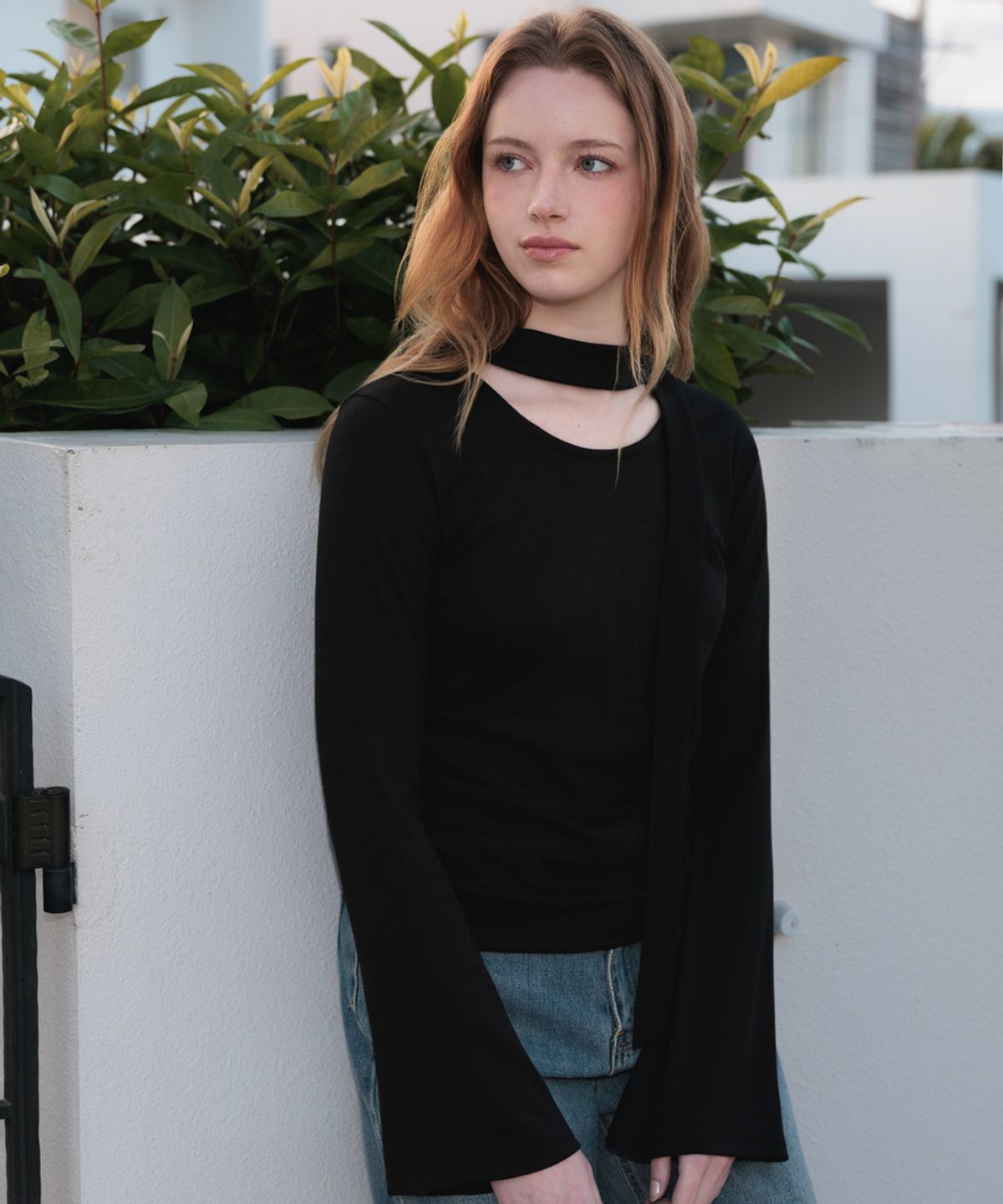 드헤베(DEHEVE) Tie Flare Long Sleeve [Black]