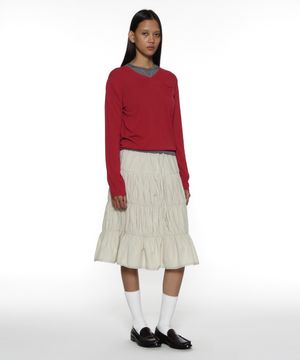 PWC 레이스 트림 티어드 미디 스커트_베이지