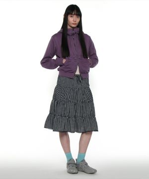 PWC 레이스 트림 티어드 미디 스커트_네이비 체크