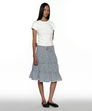 PWC 레이스 트림 티어드 미디 스커트_블루 체크