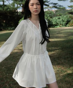 Button Shirring Mini Dress [Ivory]