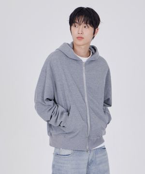 와플 크롭 후드 집업 니트 그레이