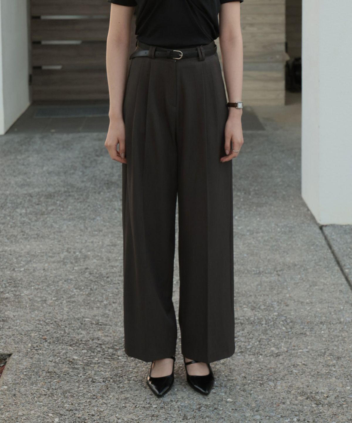 드헤베(DEHEVE) Classic Pintuck Wide Slacks [Charcoal]