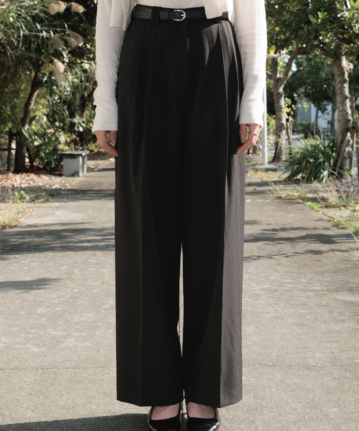 드헤베(DEHEVE) Classic Pintuck Wide Slacks [Black]