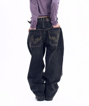 Stitched Baggy Denim Pants (Black)