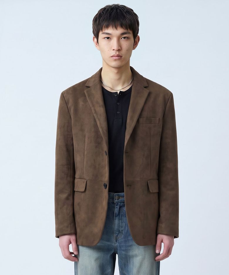 스웨이드 싱글 블레이저 카키브라운