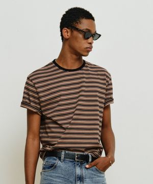 스트라이프 크롭 반팔 티셔츠 [브라운]