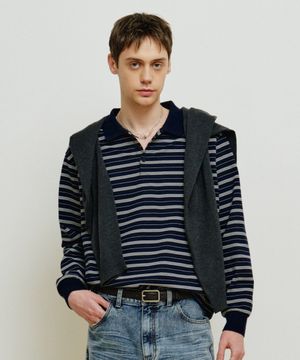 스트라이프 카라 티셔츠 [네이비]