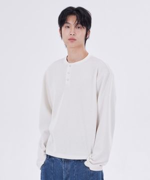 스테디 와플 크롭 헨리넥 티셔츠 크림