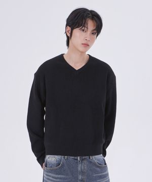 미니멀 브이넥 크롭 니트 블랙