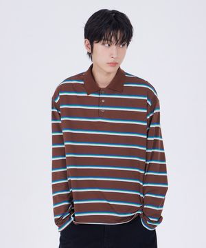 오버핏 스트라이프 카라 티셔츠 브라운