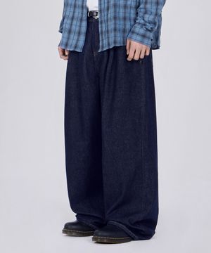 와이드 투턱 논페이드 데님 팬츠 인디고