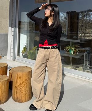 하이 커브드 와이드 코튼 팬츠 베이지