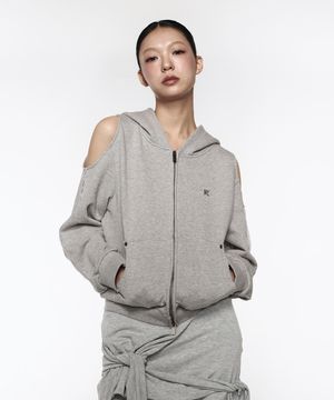 Offset Cutout Zip Up Hoodie - Gray