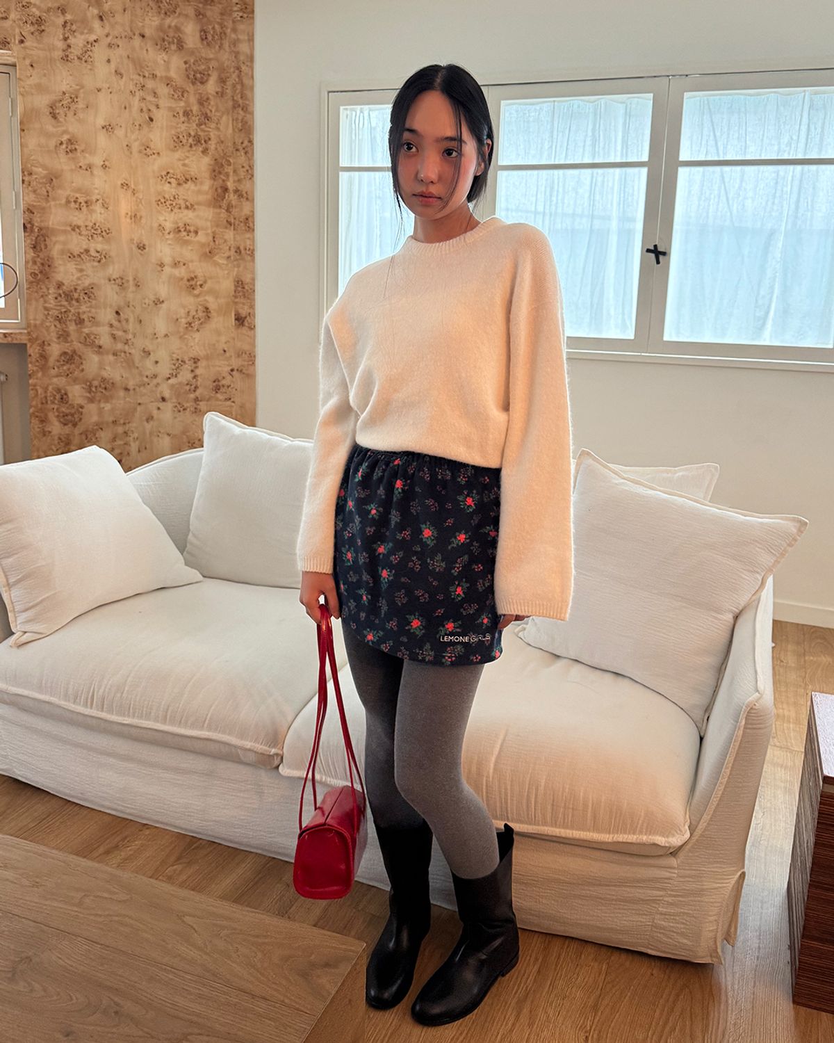 리모네(LEMONE) Warm Puff Fleece Skirt - Red Flower