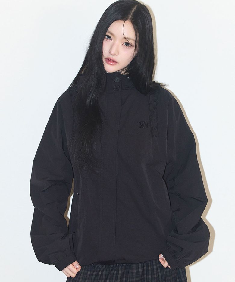 오블리크 프릴 후드 자켓 블랙