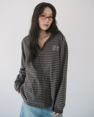 STRIPE V-NECK COLLAR L/S TEE(BROWN)