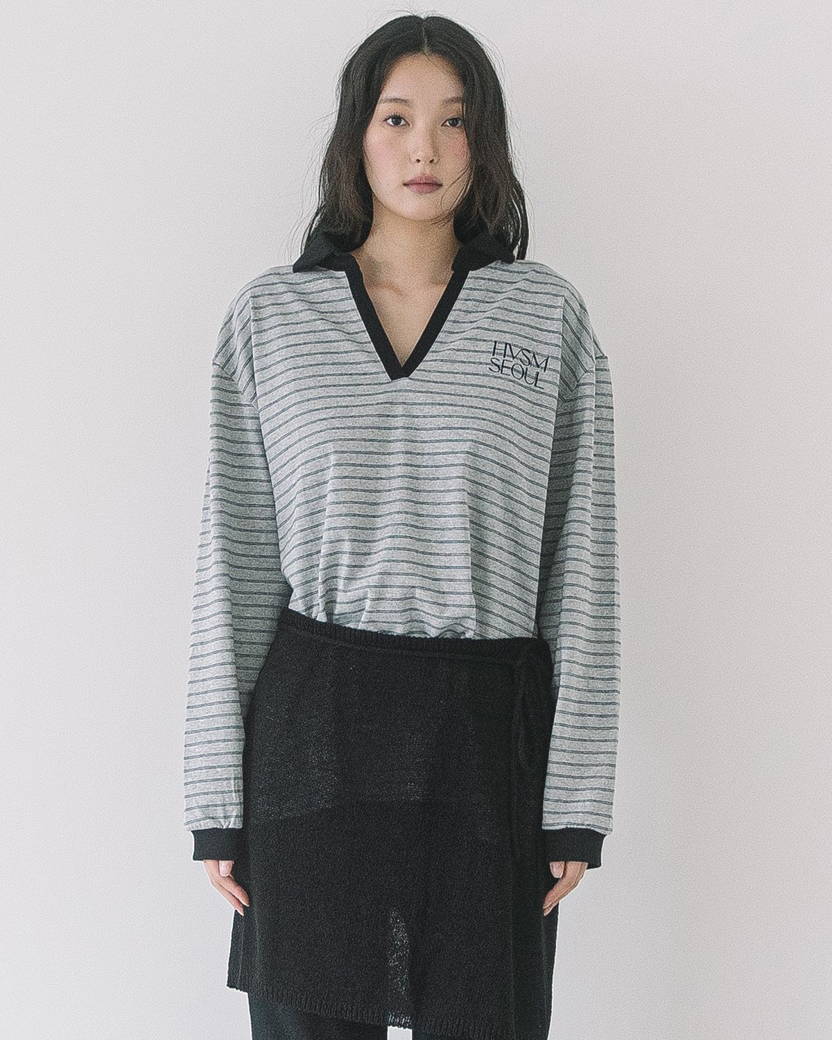 해비즘(HAVISM) STRIPE V-NECK COLLAR L/S TEE(GREY)
