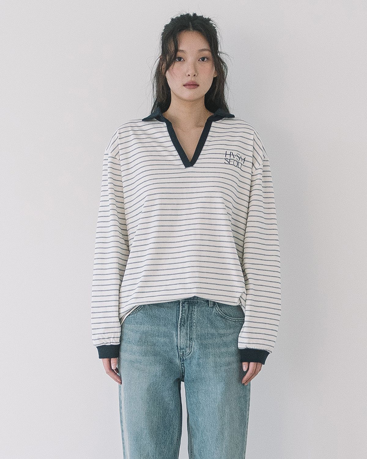 해비즘(HAVISM) STRIPE V-NECK COLLAR L/S TEE(IVORY)