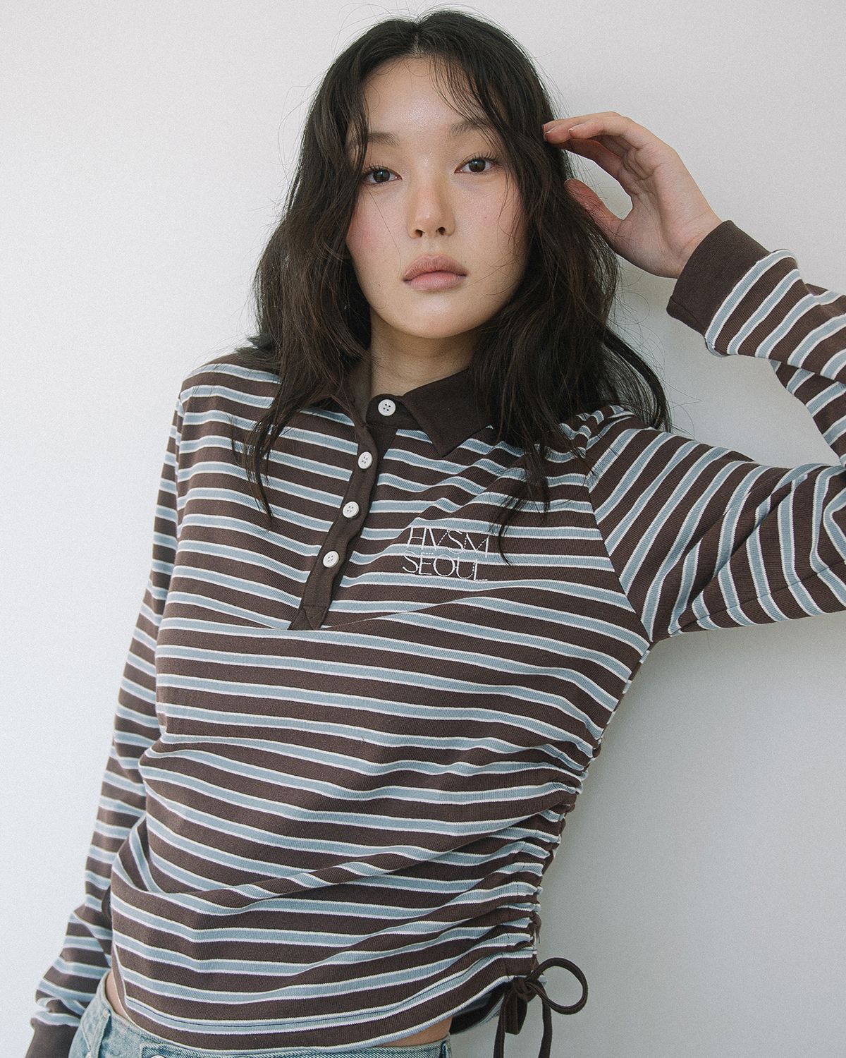 해비즘(HAVISM) STRIPE SHIRRING RUGBY L/S TEE(BROWN)