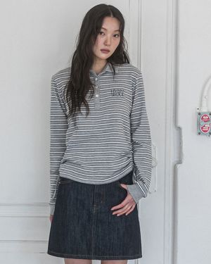 STRIPE SHIRRING RUGBY L/S TEE(GREY)
