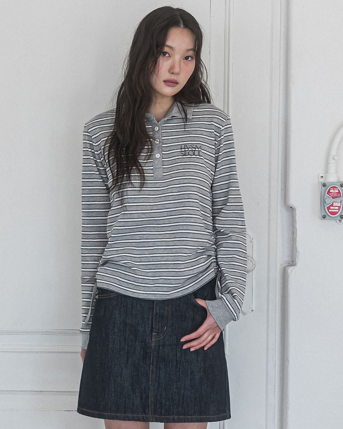 해비즘(HAVISM) STRIPE SHIRRING RUGBY L/S TEE(GREY)